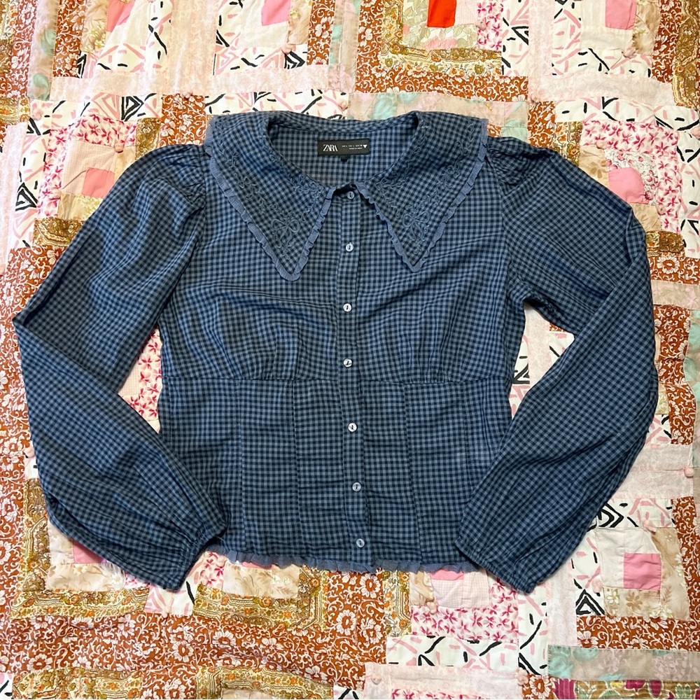 Zara Gingham Blouse with Statement Embroidered Collar L - Picture 4 of 8